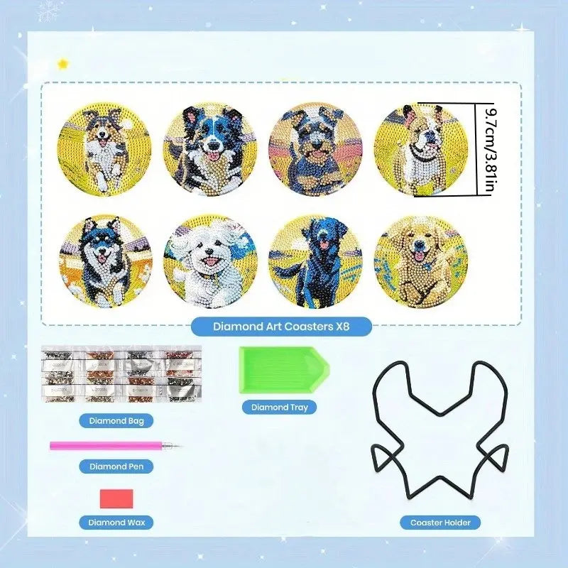 8-Piece Diamond Art Coaster Set with Stand, DIY Dog Pattern Diamond Art Coasters, Beginner-Friendly Diamond Painting Kit, Perfect Birthday Gift, Tableware