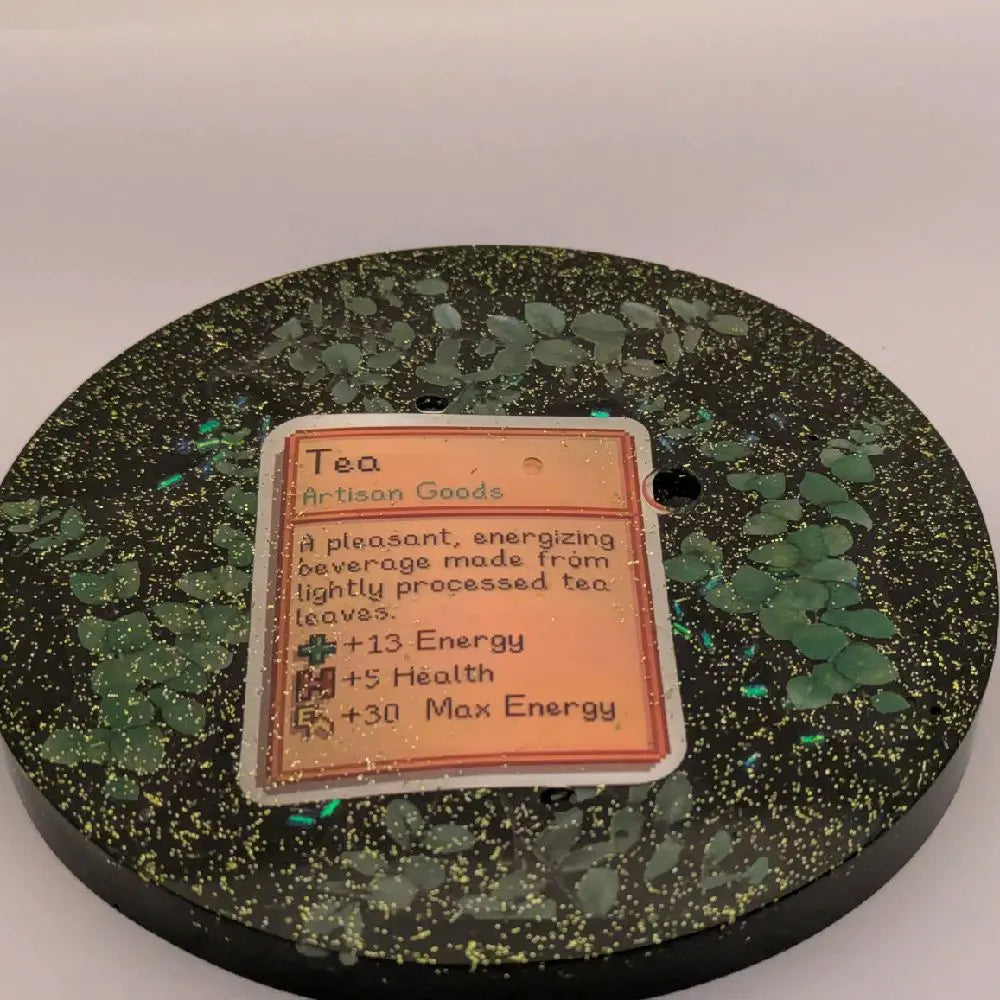 Stardew Valley Handmade Resin Art Piece with Glitter Background and Tea design Coaster