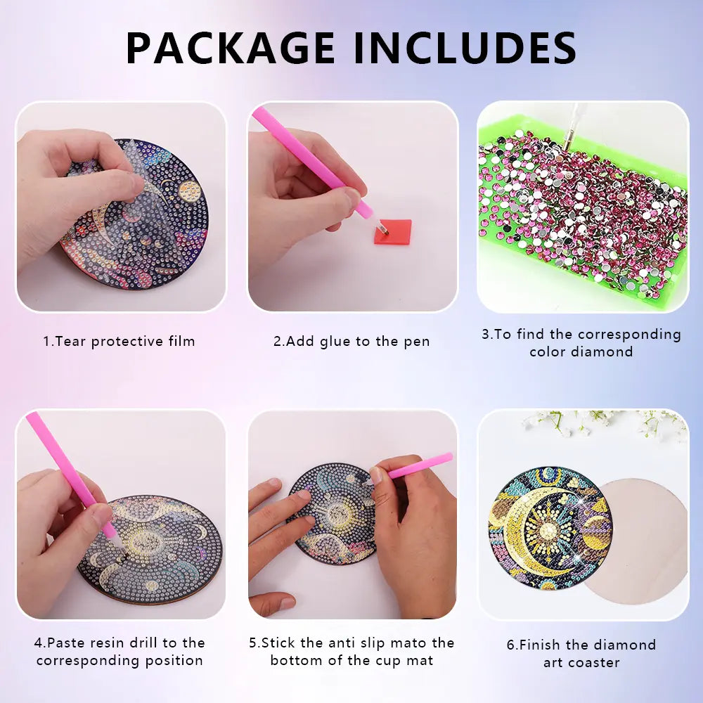 8Pcs/Set Mystical Moon Diamond Art Coasters with Holder,Mystical Moon DIY Coasters for Beginners,Adults,Students,Diamond Art Crafts Supplies,Christmas Party Gifts,Hand Tools Kits