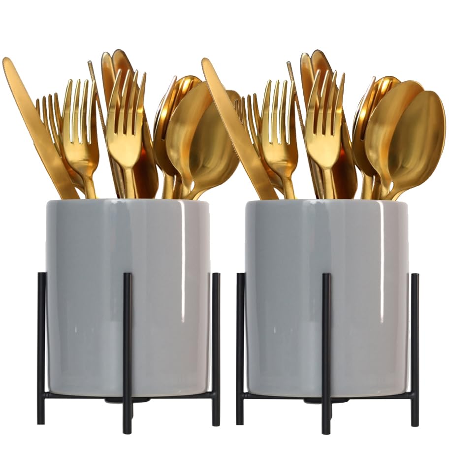 2pcs Sturdy Cutlery Holder White Ceramic With Metal Bracket Robust Silverware Caddy For Countertop - Spoon Holder Silverware Caddy