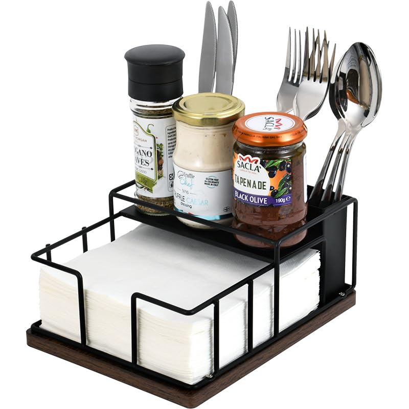 Napkin Holder for Table, Countertop Organizer - Flatware Holder for Forks, Spoons, Knives, Napkin Dispenser and Salt and Pepper Shakers Storage, Kitchen Cutlery Caddy for Dining Table, Buffet, Camping