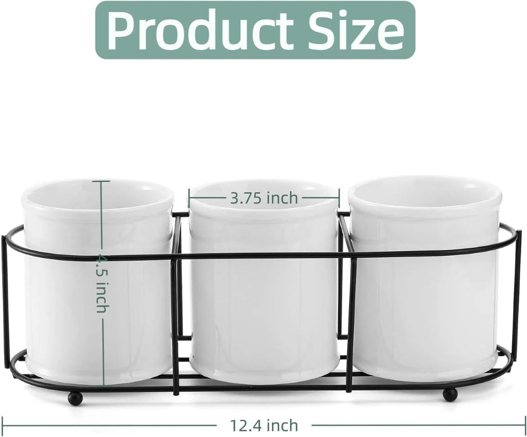 Bekith 3-Piece Ceramic Silverware Caddy with Metal Rack, Utensil Holder Flatware Caddy Cutlery Storage Organizer for Kitchen Table, Cabinet or Pantry