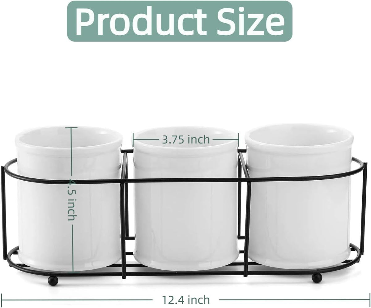 Bekith 3-Piece Ceramic Silverware Caddy with Metal Rack, Utensil Holder Flatware Caddy Cutlery Storage Organizer for Kitchen Table, Cabinet or Pantry