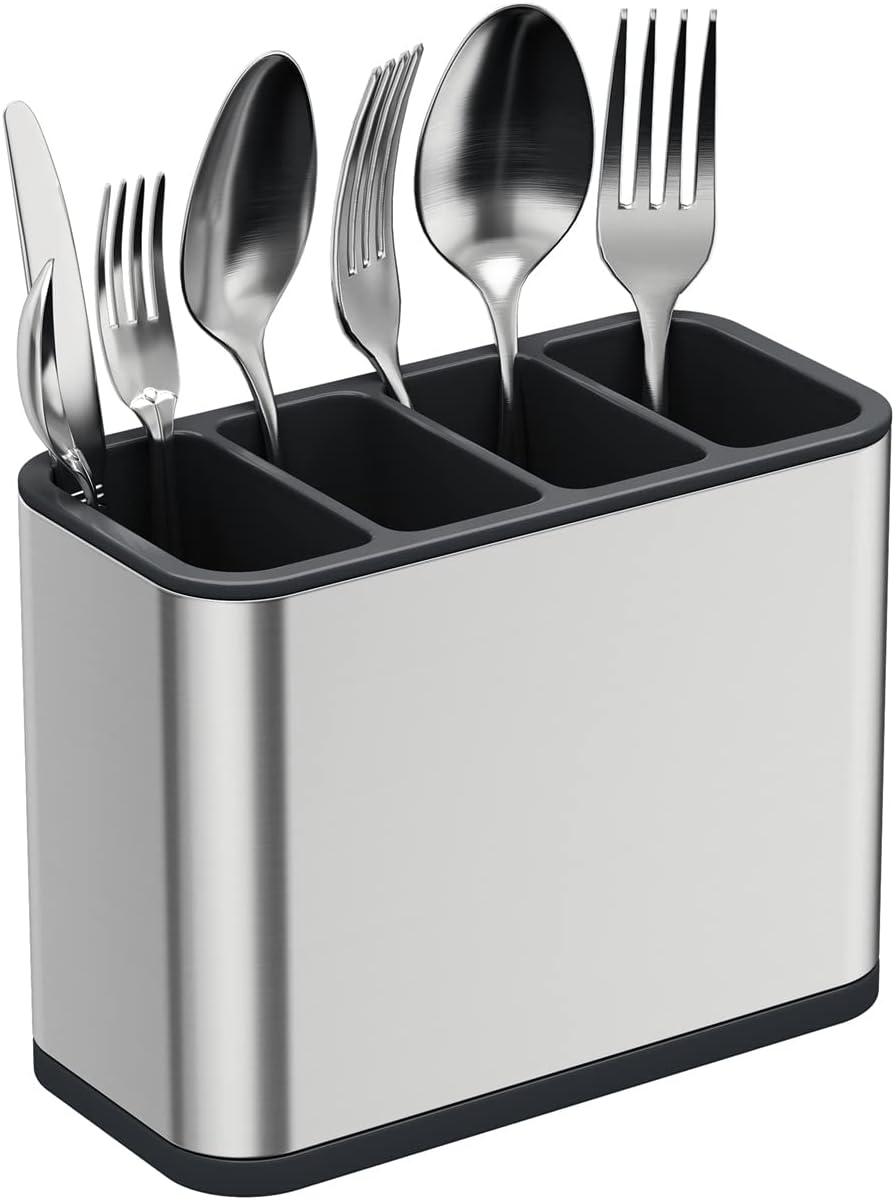 TESOT Silverware Caddy Utensil Caddy Spoon Holder with 4 Divided Compartments, Sturdy Stainless Steel, Rust Proof