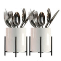 2pcs Sturdy Cutlery Holder White Ceramic With Metal Bracket Robust Silverware Caddy For Countertop - Spoon Holder Silverware Caddy