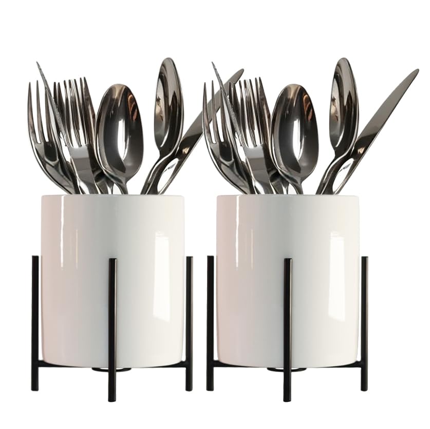 2pcs Sturdy Cutlery Holder White Ceramic With Metal Bracket Robust Silverware Caddy For Countertop - Spoon Holder Silverware Caddy