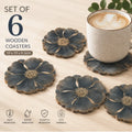 6PCS Minimalist Grey Flower Petal Wood Coasters Set – 4 Inch Round Non-Slip Heat Resistant Wooden Coasters for Drinks for Coffee Table & Shelf Decor – Modern Farmhouse Kitchen Dining Accent Tableware – Reclaimed Wood Home Decor