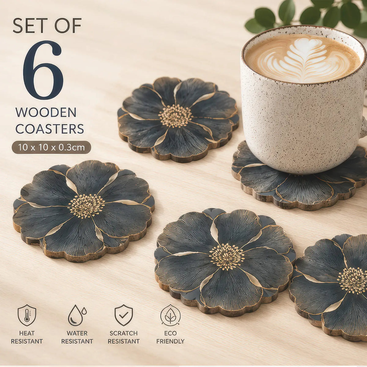 6PCS Minimalist Grey Flower Petal Wood Coasters Set – 4 Inch Round Non-Slip Heat Resistant Wooden Coasters for Drinks for Coffee Table & Shelf Decor – Modern Farmhouse Kitchen Dining Accent Tableware – Reclaimed Wood Home Decor