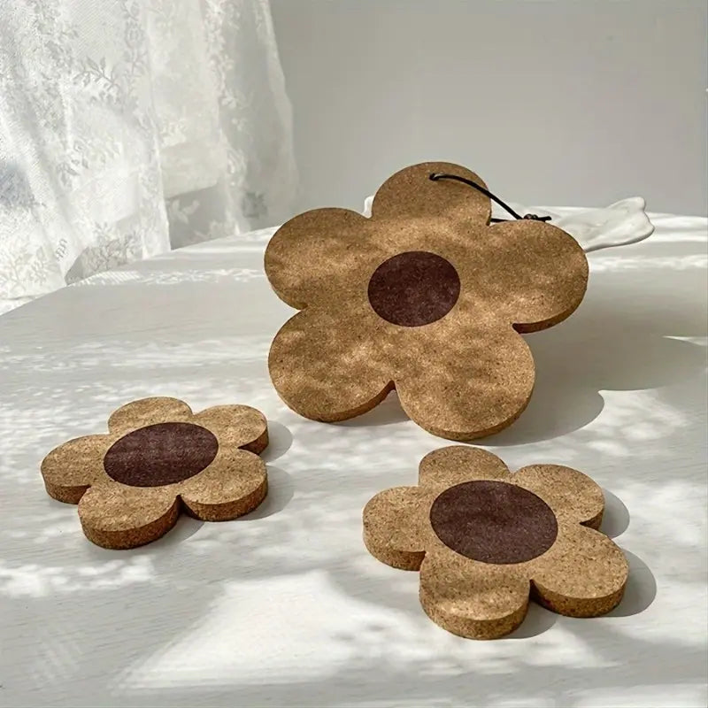 Absorbent Reusable Cork Coasters - Coaster Set - Bulk Pack of 100% Cork Flower Shape - Farmhouse Rustic Wood Design - for Desk and Glass Table