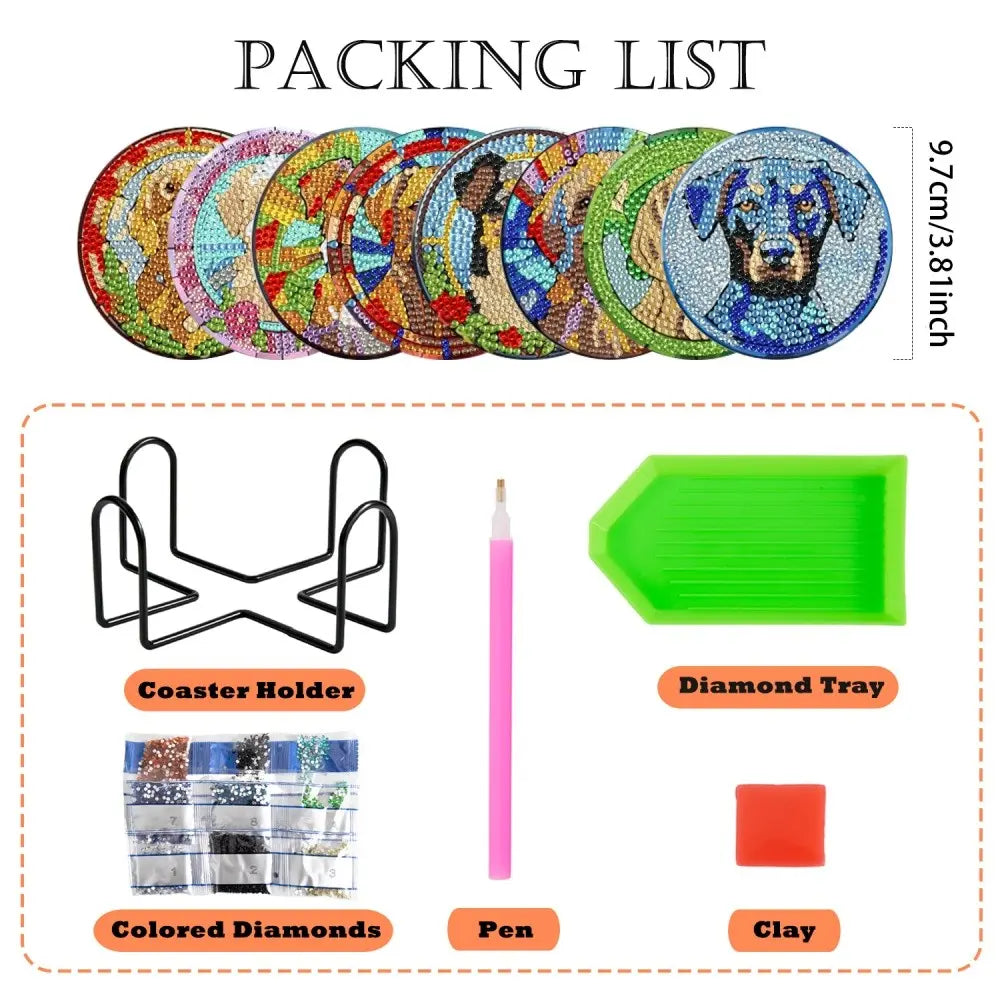 8 pieces/set of diamond art painting coasters for drinks with brackets, DIY animal dog pattern diamond art coasters, suitable for both adults and beginners as diamond painting sets, diamond set craft supplies, exquisite gifts for friends