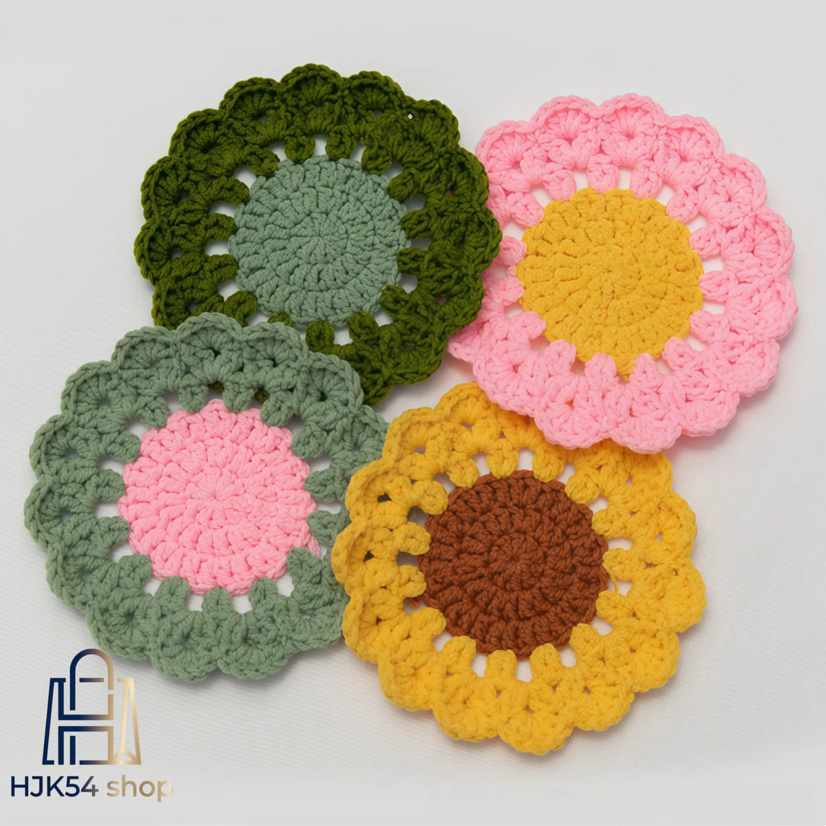 4pcs Handmade Boho Cottagecore Round Crochet Cotton Kitchen Drink Coasters - Rustic Scalloped Edge, Floral Design, Decorative Home Decor Items for Coffee/Tea Cups, Protects Table from Spills, Sohochic