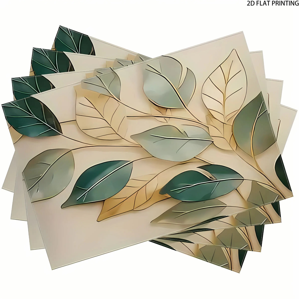 2D flat printing, 2-piece/4-piece/6-piece/8-piece set of Aesthetic leaf pattern dining table boho Cloth placemats, 12x18 inch single-sided 2D printed fabric table mat set, suitable for home decoration and party decoration