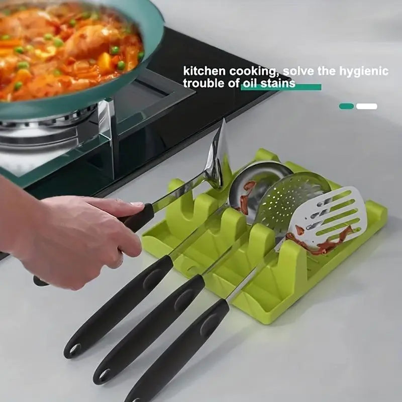 1pc Cooking Utensil Rest, Silicone Spoon Holder, Multiple Kitchen Fork Spoon Holders With 4 Slots And Pot Lid Holder For Kitchen, Keeping Countertops Clean, Spoon Rests, Kitchen Storage Accessories