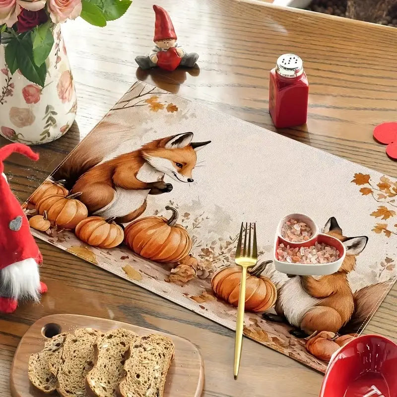 2D flat printing, 2-piece/4-piece/6-piece/8-piece set of autumn fox themed placemats with cute fox and pumpkin designs, including fallen leaf patterns, 12 × 18 inches, suitable for restaurants, kitchens, and various occasions