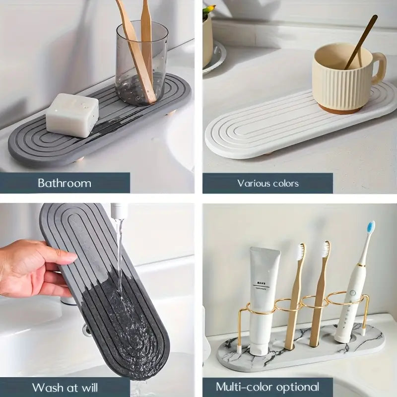 Water-absorbing stone tray for kitchen/bathroom countertops, quick-drying sink rack, Water Absorbent Mat (with wooden feet and natural gourd fiber, gray), Reusable Silicone Mat