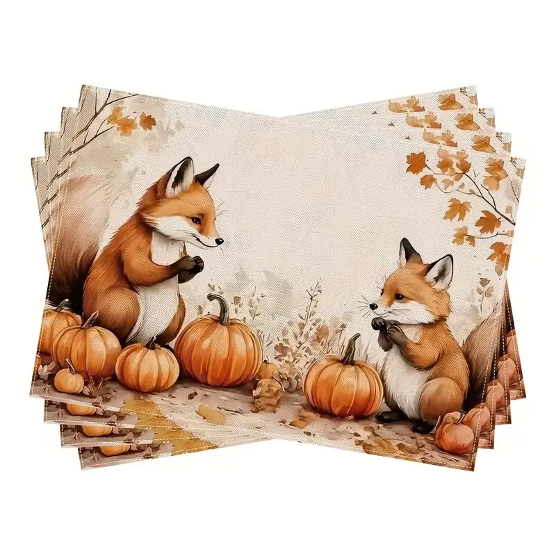 2D flat printing, 2-piece/4-piece/6-piece/8-piece set of autumn fox themed placemats with cute fox and pumpkin designs, including fallen leaf patterns, 12 × 18 inches, suitable for restaurants, kitchens, and various occasions