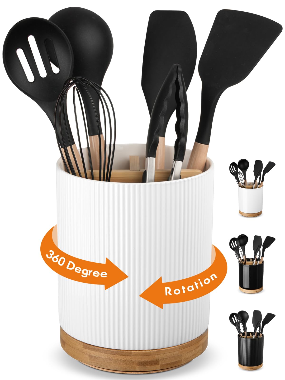 LoeJan 6.7" Utensil Holder, Ceramic Kitchen Utensil Holder with Cork Bottom, Large Utensil Crock for Countertop, Vintage Cooking Tool Organizer Set for Kitchen Counter Decor(White)