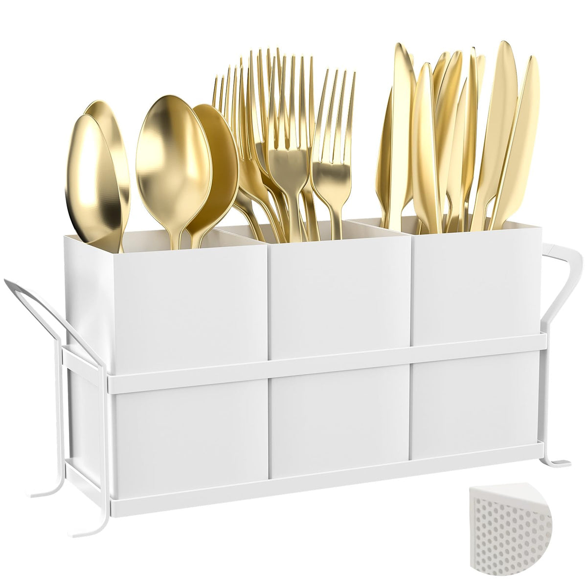 Silverware Caddy with Bee Design, 3 Compartment Metal Utensil Holder with Handles,Silverware Holder for Party Countertop, Kitchen, Outdoor, Cutlery Holder Organizer for Spoon Fork,Gold