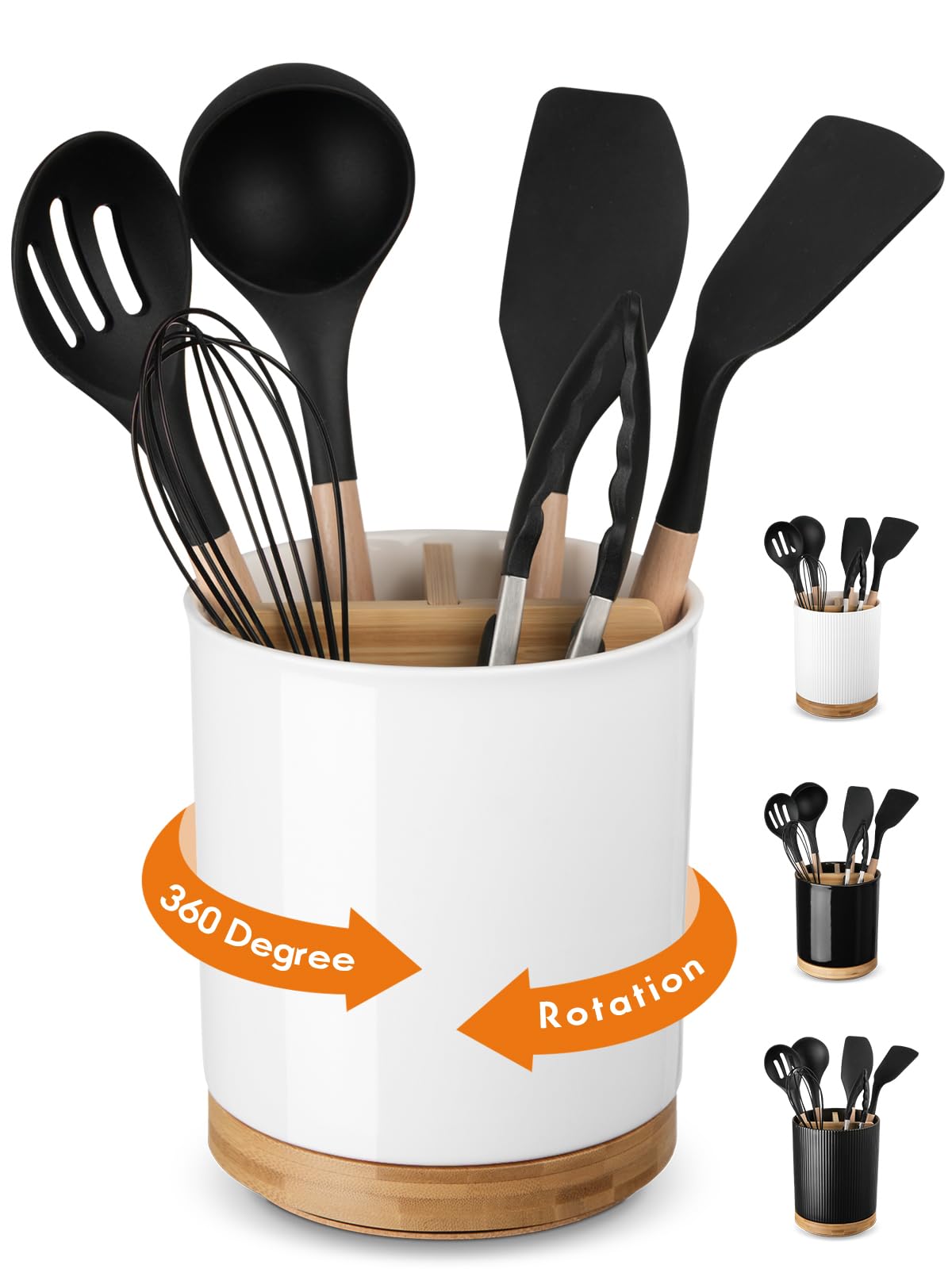 LoeJan 6.7" Utensil Holder, Ceramic Kitchen Utensil Holder with Cork Bottom, Large Utensil Crock for Countertop, Vintage Cooking Tool Organizer Set for Kitchen Counter Decor(White)