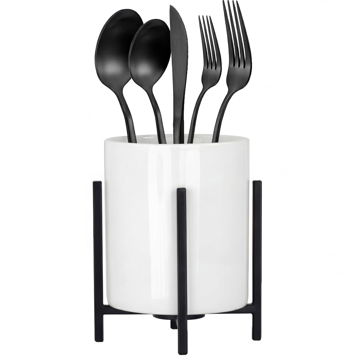 Farmhouse Flatware Holder for Dinner Table, Kitchen Holder for Serving Utensils, Decorative Cutlery Utensil Holder for Kitchen or Parties, Cup with Silver Trim, 1 Pcs