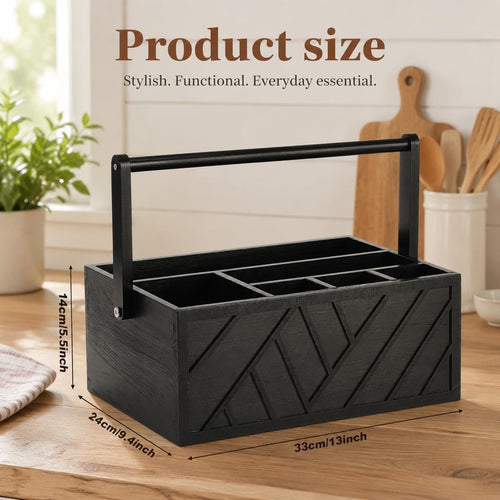 13 Inch Rustic Silverware Caddy with Wooden Handle, Black