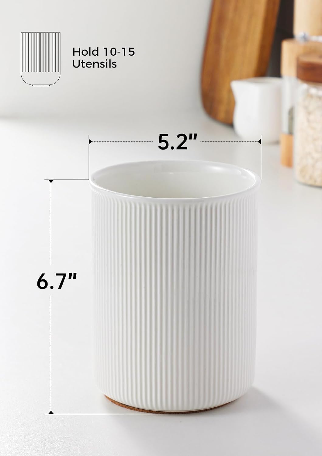 LoeJan 6.7" Utensil Holder, Ceramic Kitchen Utensil Holder with Cork Bottom, Large Utensil Crock for Countertop, Vintage Cooking Tool Organizer Set for Kitchen Counter Decor(White)