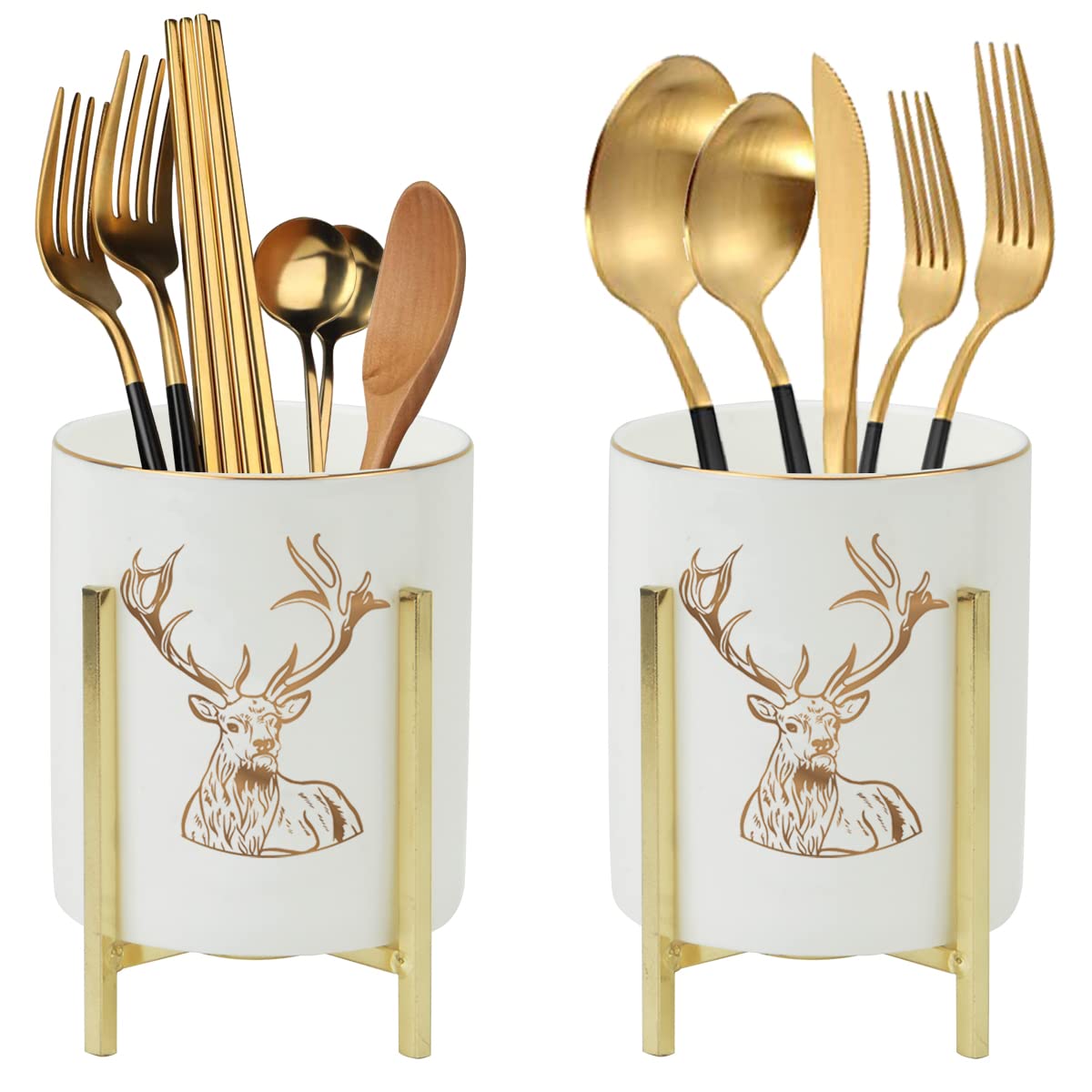 Farmhouse Flatware Holder for Dinner Table, Kitchen Holder for Serving Utensils, Decorative Cutlery Utensil Holder for Kitchen or Parties, Cup with Silver Trim, 1 Pcs
