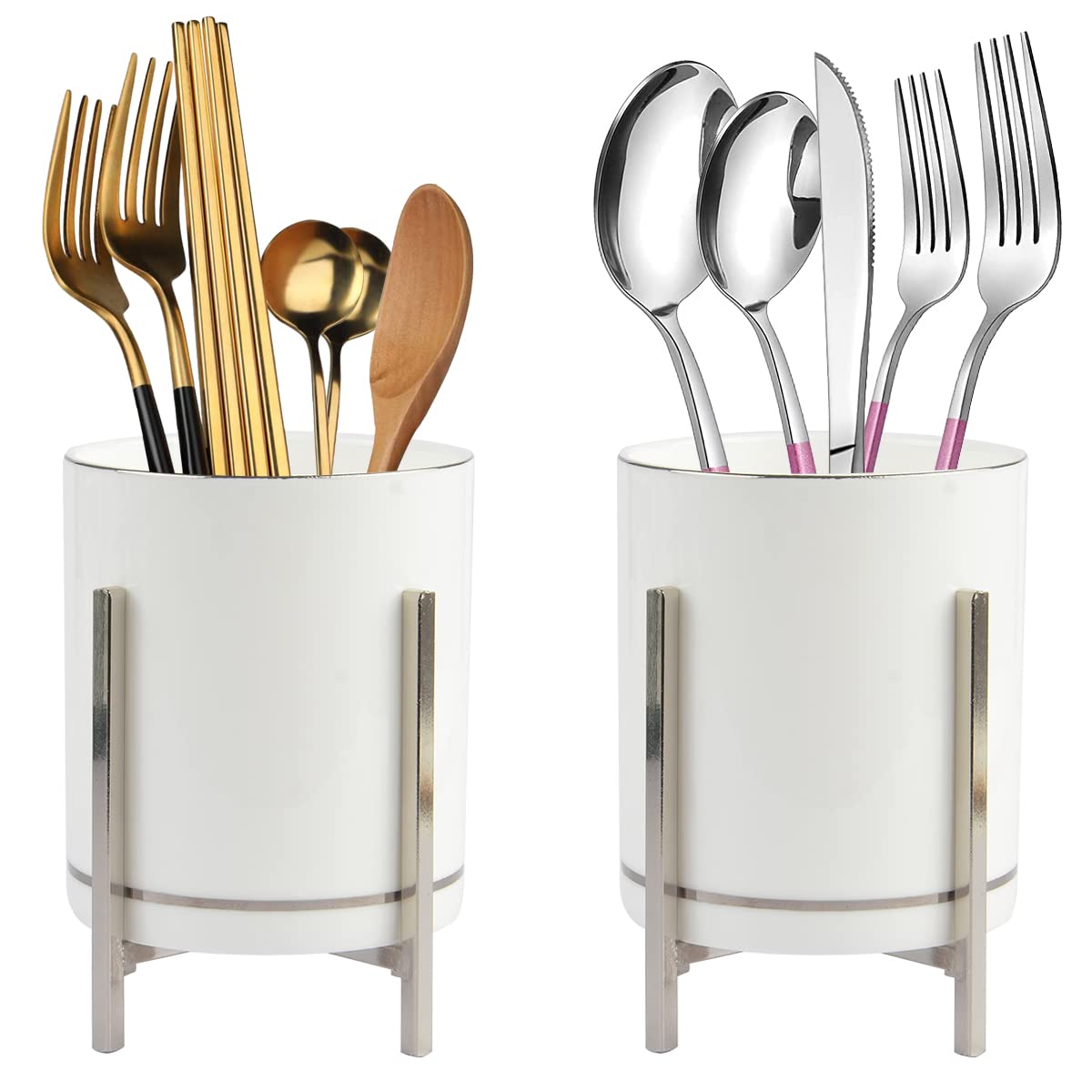 Farmhouse Flatware Holder for Dinner Table, Kitchen Holder for Serving Utensils, Decorative Cutlery Utensil Holder for Kitchen or Parties, Cup with Silver Trim, 1 Pcs