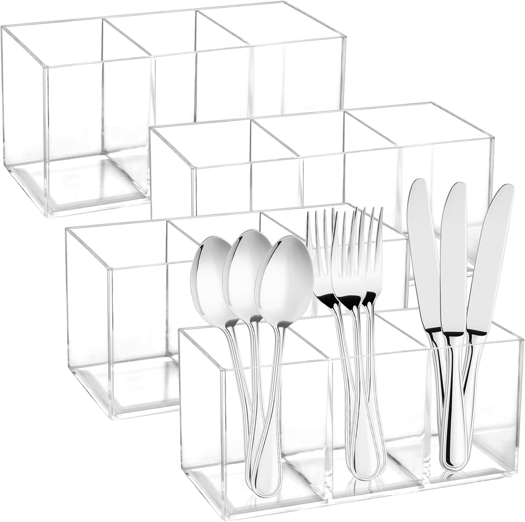 4Pack Acrylic Cutlery Storage Organizer, Transparent Plastic Silverware Utensil Holder Cutlery Spoon and Fork Holder Caddy for Party Kitchen Countertop Organization Knife Tableware