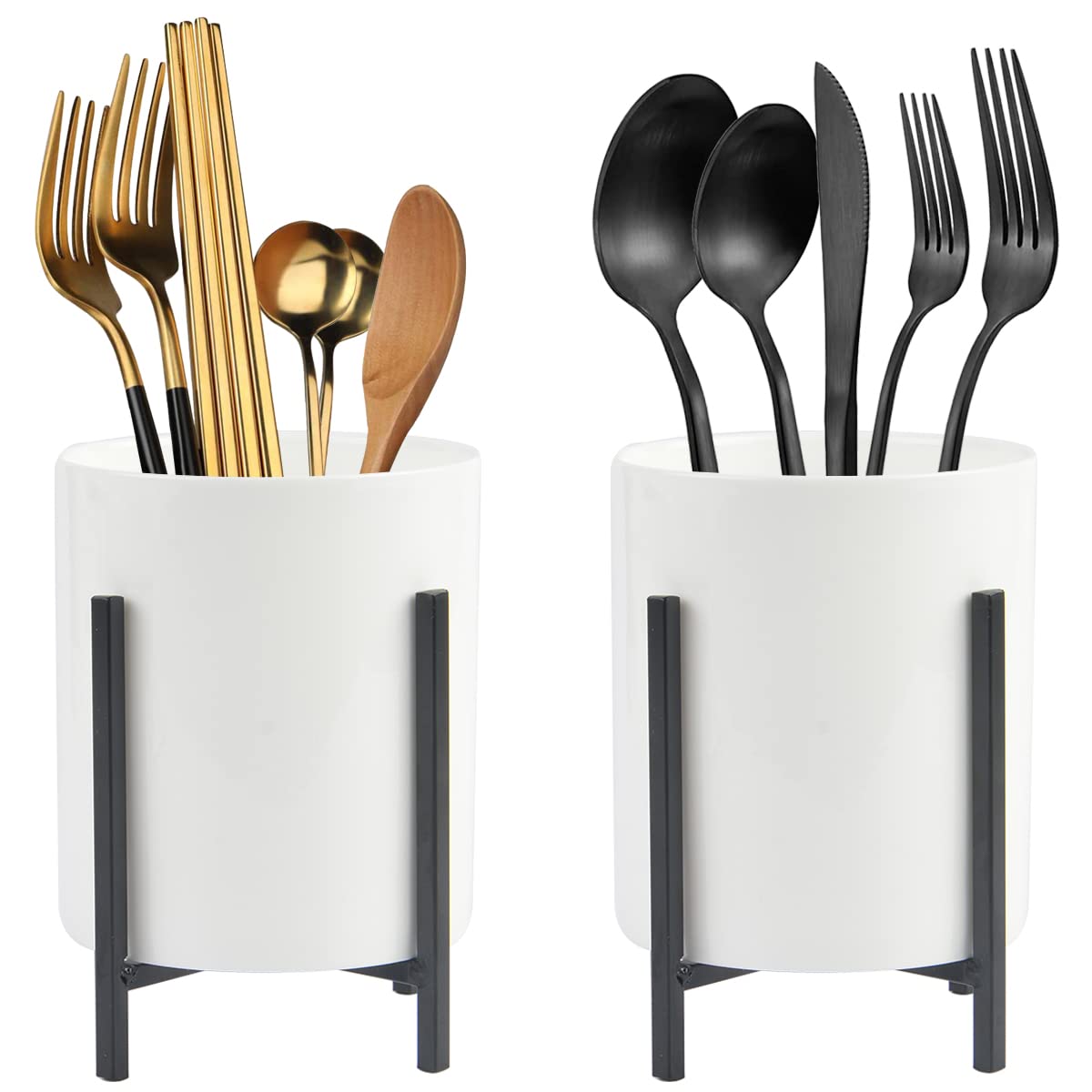 Farmhouse Flatware Holder for Dinner Table, Kitchen Holder for Serving Utensils, Decorative Cutlery Utensil Holder for Kitchen or Parties, Cup with Silver Trim, 1 Pcs