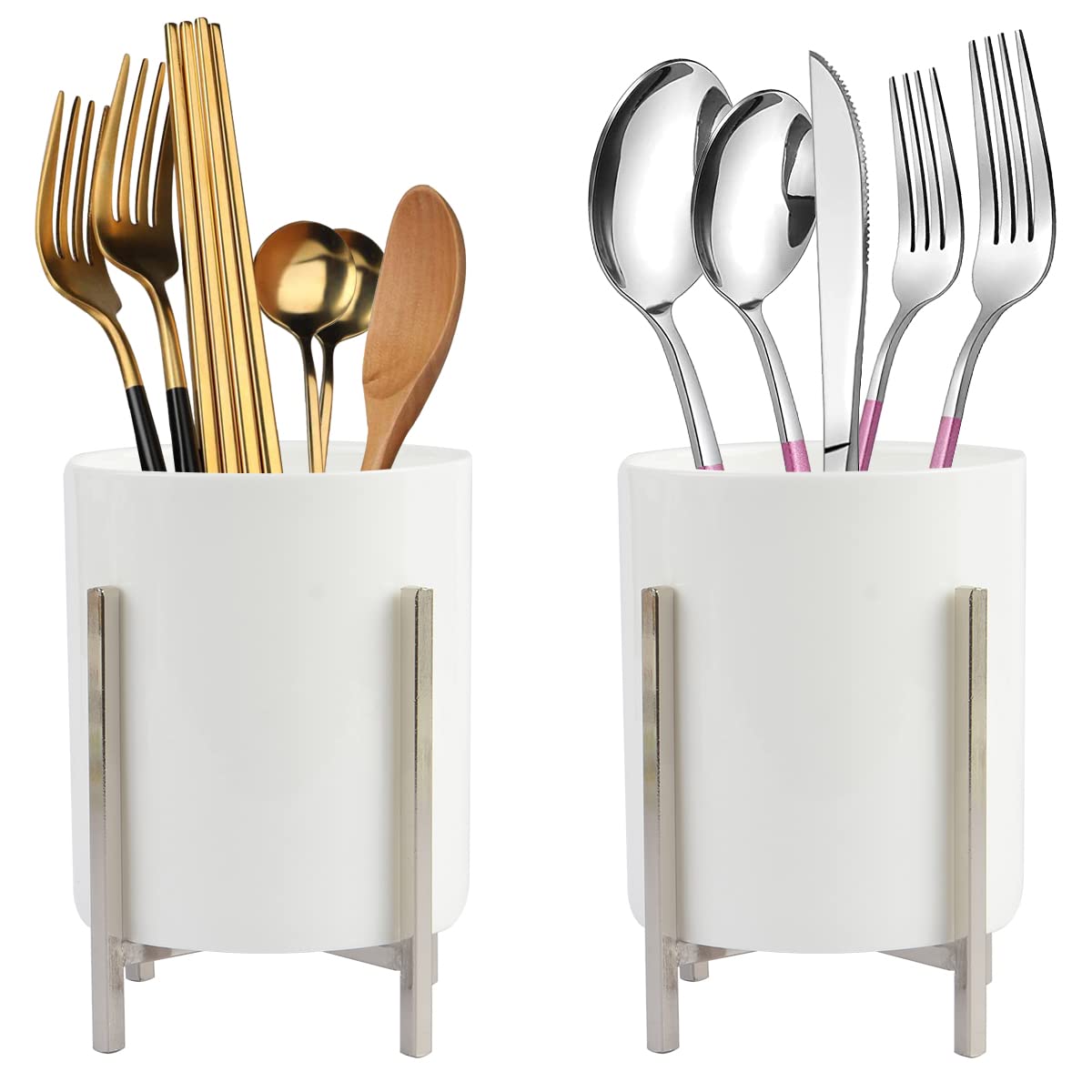 Farmhouse Flatware Holder for Dinner Table, Kitchen Holder for Serving Utensils, Decorative Cutlery Utensil Holder for Kitchen or Parties, Cup with Silver Trim, 1 Pcs