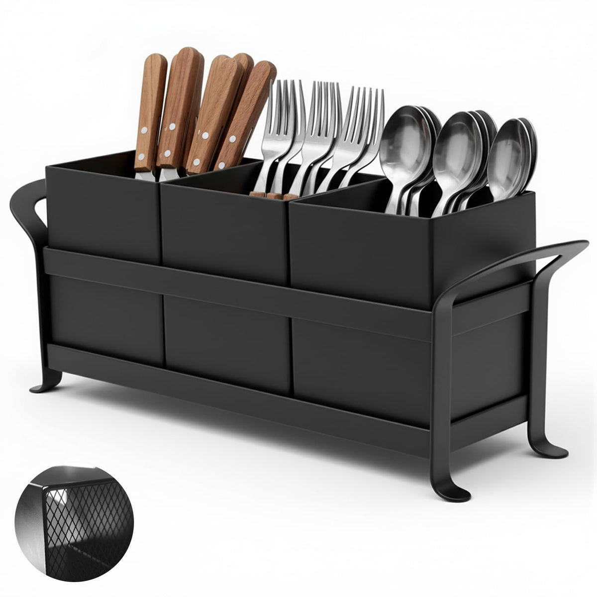 Utensil Holder Mesh Drainage Holes, 3pcs Bins Set Countertop Utensil Holder for Spoons, Forks and Knives, Cutlery Organizer Suitable for Party, Kitchen Counter, Black