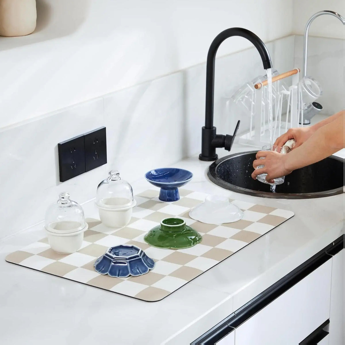 Checkered Dish Drying Mat for Kitchen Countertop Coffee Bar Station Accessories Retro Cute Aesthetic Modern Absorbent Drainer Mat Kitchen Drying Mat Easy Clean Beige 12" x 19" Super Absorbent Anti Slip Backing Durable Versatile Usage