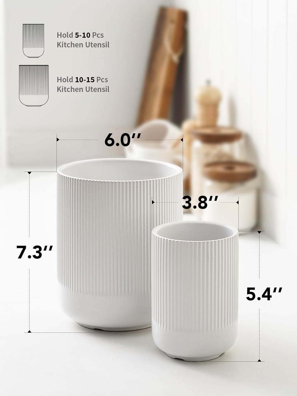 LE TAUCI Ceramic Kitchen Utensil Holder for Counter, 7.3/5.4", White