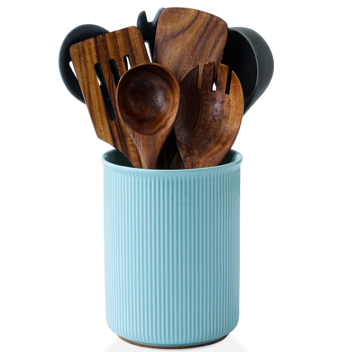 LoeJan 6.7" Utensil Holder, Ceramic Kitchen Utensil Holder with Cork Bottom, Large Utensil Crock for Countertop, Vintage Cooking Tool Organizer Set for Kitchen Counter Decor(White)