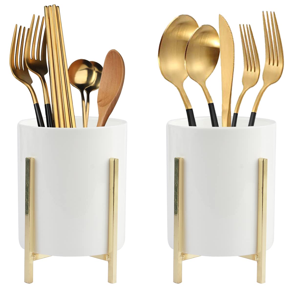 Farmhouse Flatware Holder for Dinner Table, Kitchen Holder for Serving Utensils, Decorative Cutlery Utensil Holder for Kitchen or Parties, Cup with Silver Trim, 1 Pcs