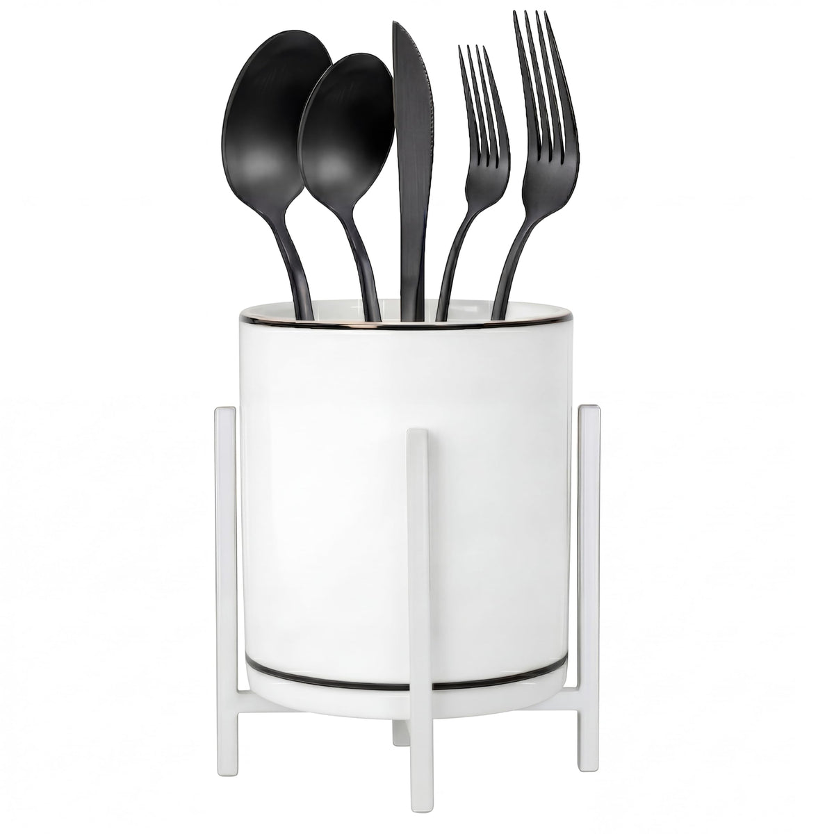Farmhouse Flatware Holder for Dinner Table, Kitchen Holder for Serving Utensils, Decorative Cutlery Utensil Holder for Kitchen or Parties, Cup with Silver Trim, 1 Pcs