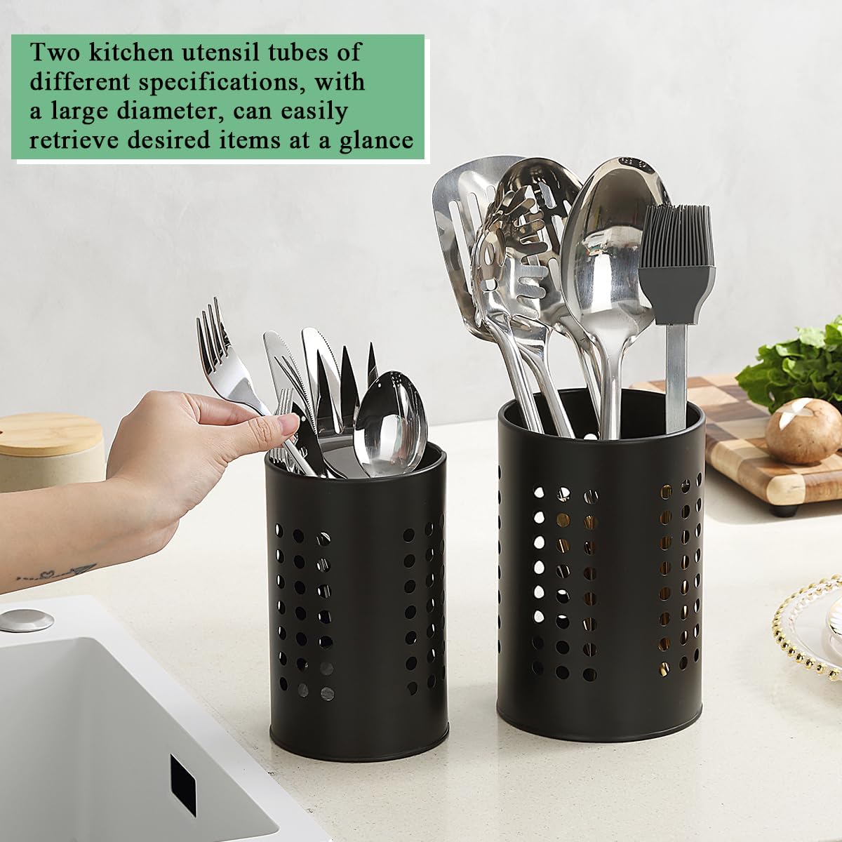 Berglander Kitchen Utensils Holder for Counter Top 2 Pieces, Black Stainless Steel Cutlery Holder, Kitchen Essentials Farmhouse Style Home Countertop Organizer