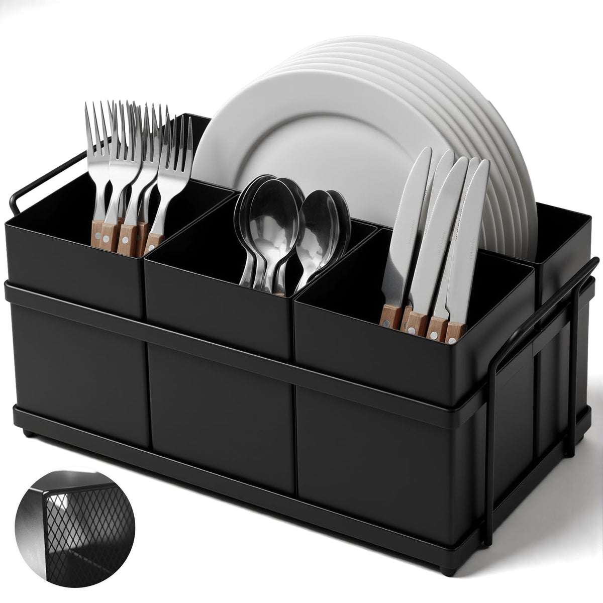 Utensil Holder Mesh Drainage Holes, 3pcs Bins Set Countertop Utensil Holder for Spoons, Forks and Knives, Cutlery Organizer Suitable for Party, Kitchen Counter, Black