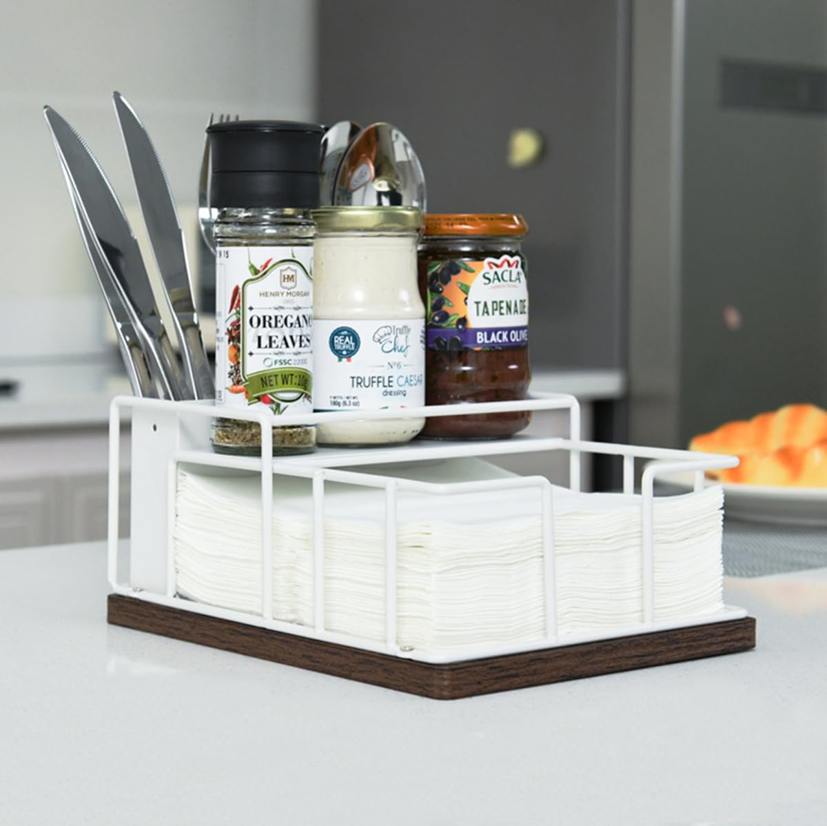 Napkin Holder for Table, Countertop Organizer - Flatware Holder for Forks, Spoons, Knives, Napkin Dispenser and Salt and Pepper Shakers Storage, Kitchen Cutlery Caddy for Dining Table, Buffet, Camping