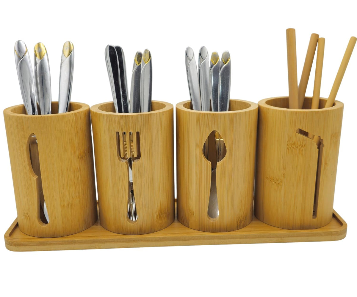 Bamboo Cutlery Holder Set - 4 kitchen Utensils Holder with Bamboo Tray | Decorative kitchen countertop Cutlery Stand | Utensil holder - knife, fork Spoon and Straw holders