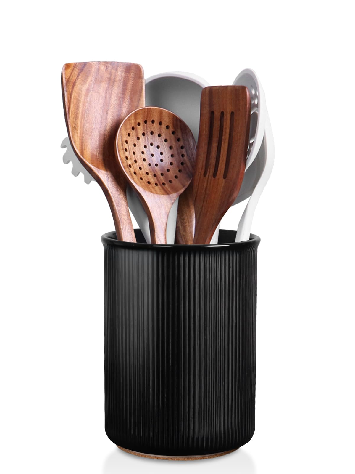 LoeJan 6.7" Utensil Holder, Ceramic Kitchen Utensil Holder with Cork Bottom, Large Utensil Crock for Countertop, Vintage Cooking Tool Organizer Set for Kitchen Counter Decor(White)