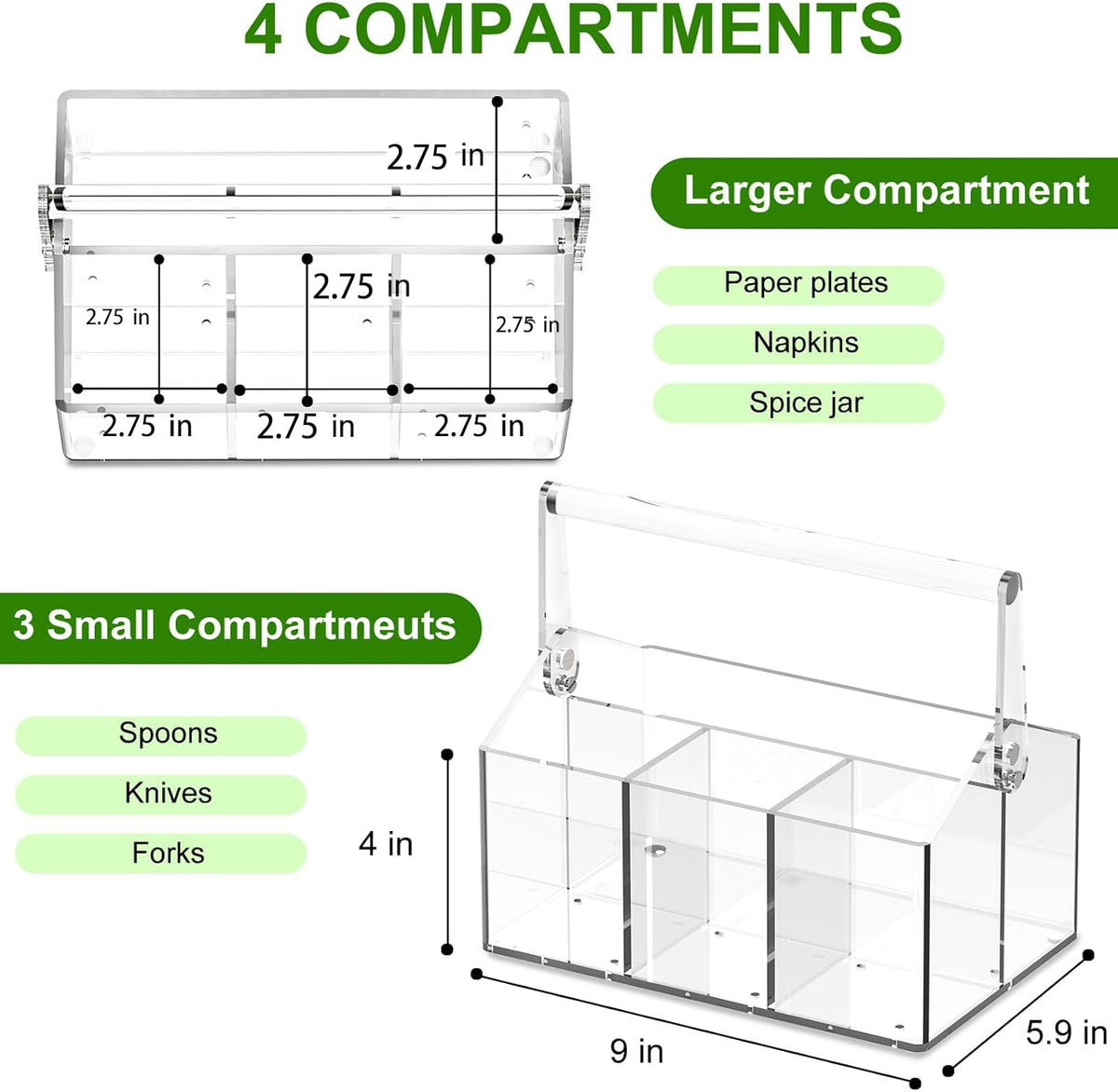 Chivalral Clear Acrylic Utensil Caddy, 4 Compartment Silverware Holder