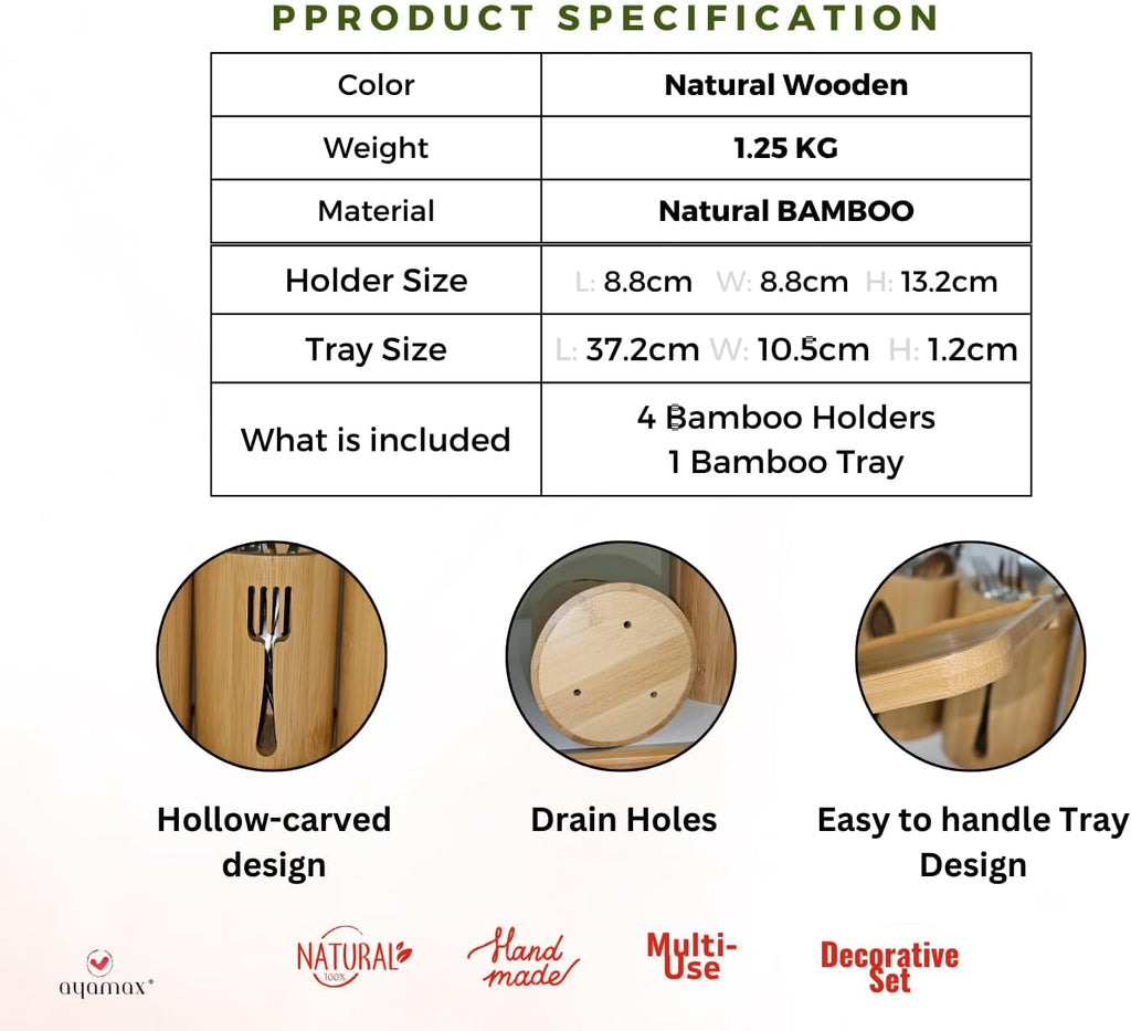 Bamboo Cutlery Holder Set - 4 kitchen Utensils Holder with Bamboo Tray | Decorative kitchen countertop Cutlery Stand | Utensil holder - knife, fork Spoon and Straw holders