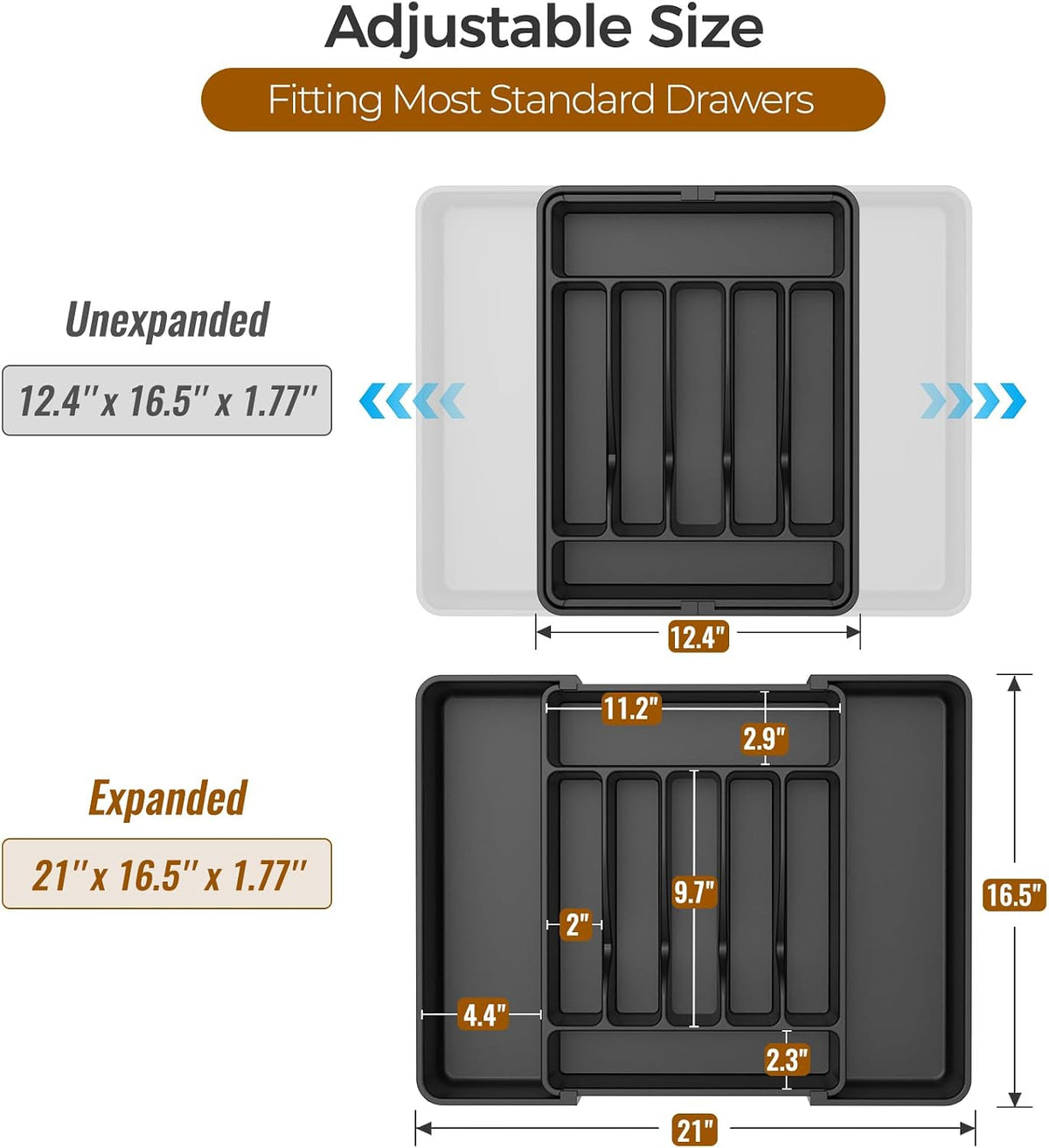 ukeetap Extra Large Expandable Silverware Organizer, Flatware Tray, Black