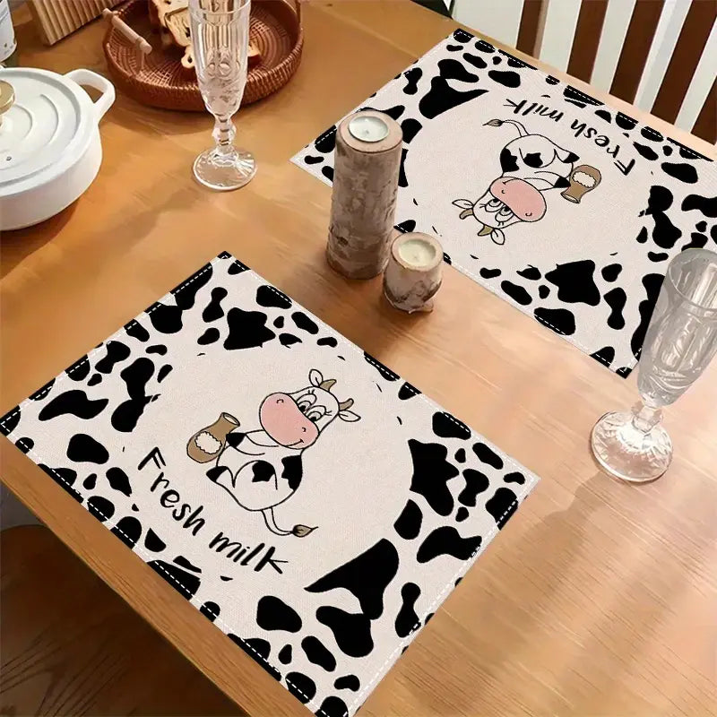 4pcs Linen Cow Print Placemats - 12x18 in Rectangular Lightweight Kitchenware Table Mats for Home Kitchen, Holiday Party Decor