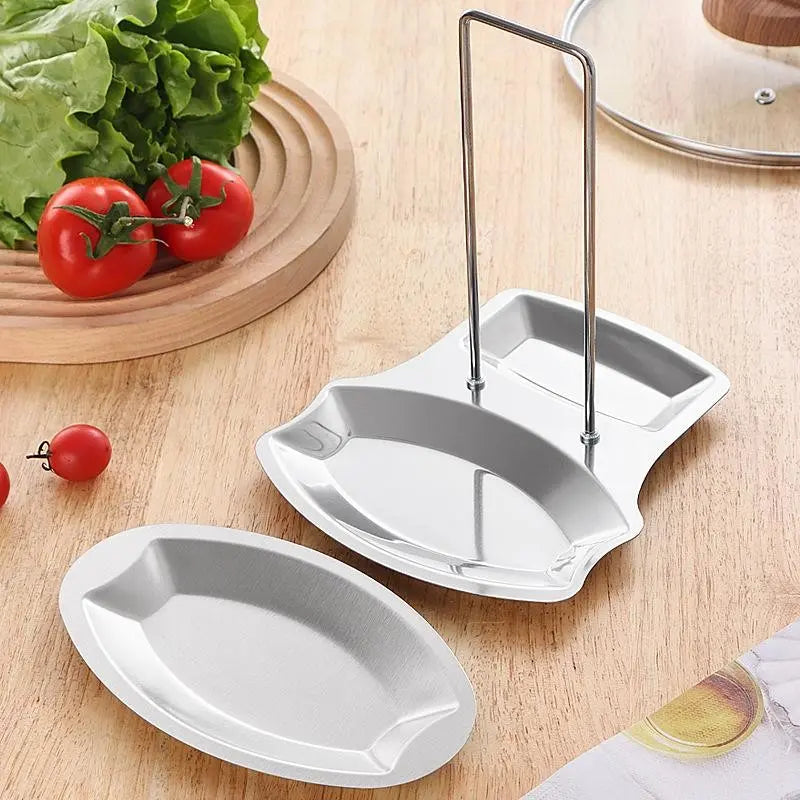 Kitchen Drainable Pot Lid Holder, Stainless Steel Punch-Free Spoon Support, Detachable Frame with Water Tray, Neat Lid Storage Solution