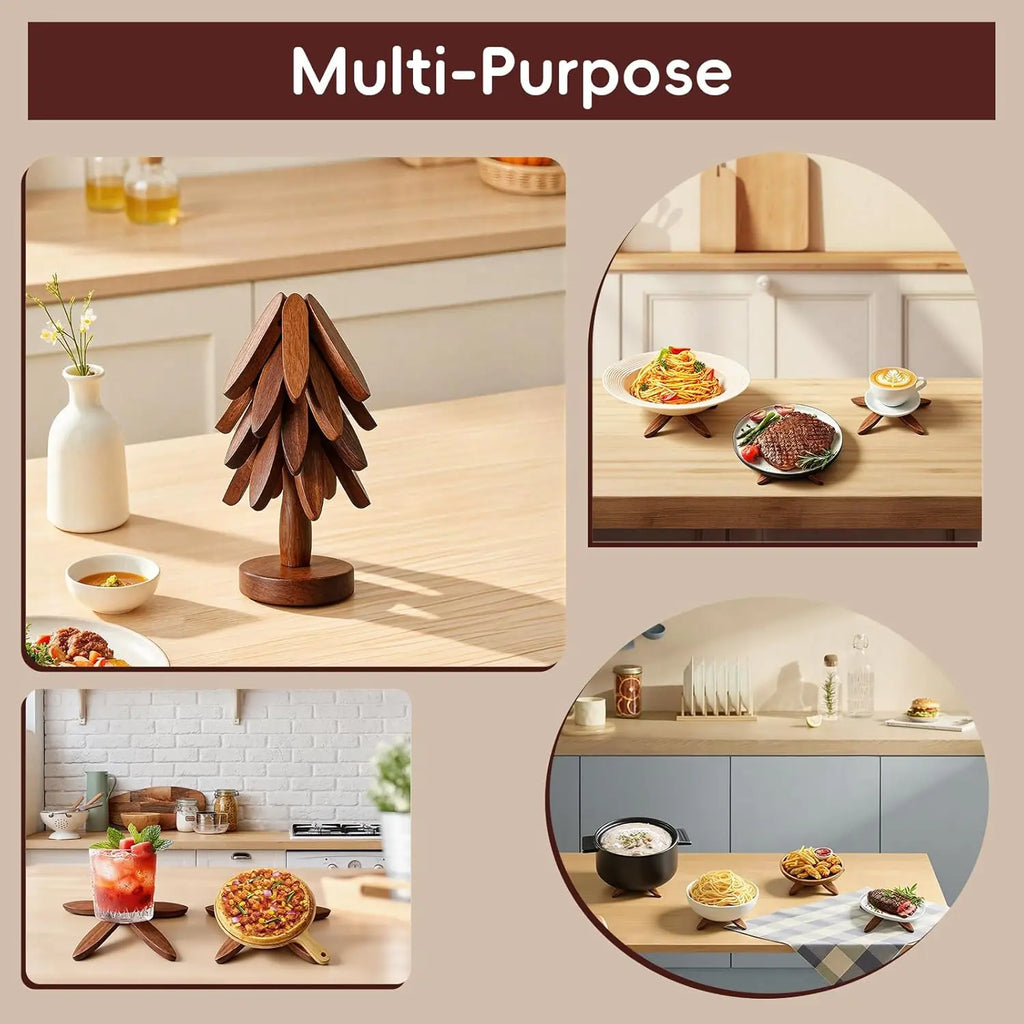 Natural Wood Tree Shape Trivets Set - Heat-Resistant Kitchen Tableware Mats, Foldable Coasters for Hot Dishes, Hot Pots, Holds Cups & Pans, Counter Protection, Holiday Gift