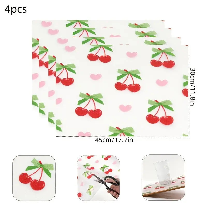 4pcs/8pcs Waterproof Refrigerator Pads, Cherry Pattern, Moisture Resistant, Non Slip, Washable, Reusable, Eva Material, Kitchen Decor