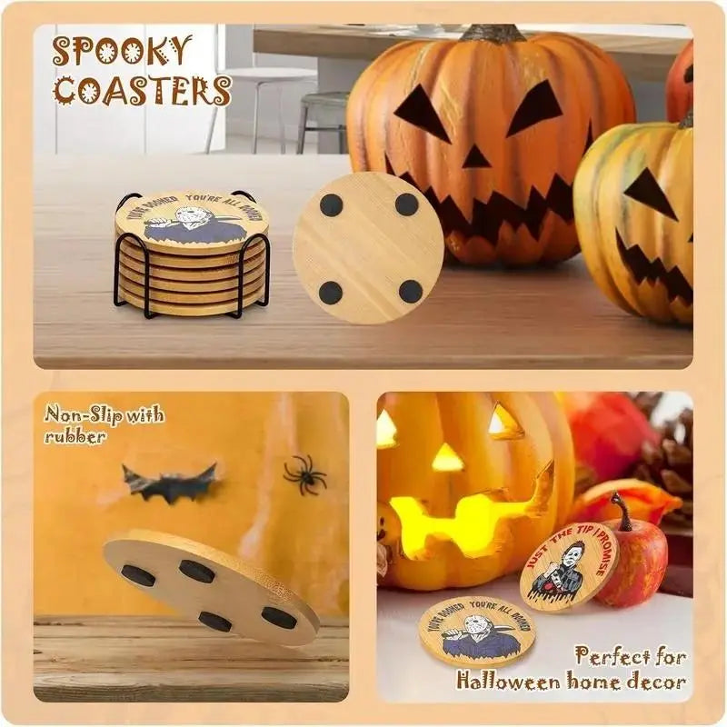 6 Piece Horror Movie Character Coaster Set, Unique Halloween Round Coasters, Wooden Coasters, Party Decoration, Perfect for Coffee Table and Kitchen Display